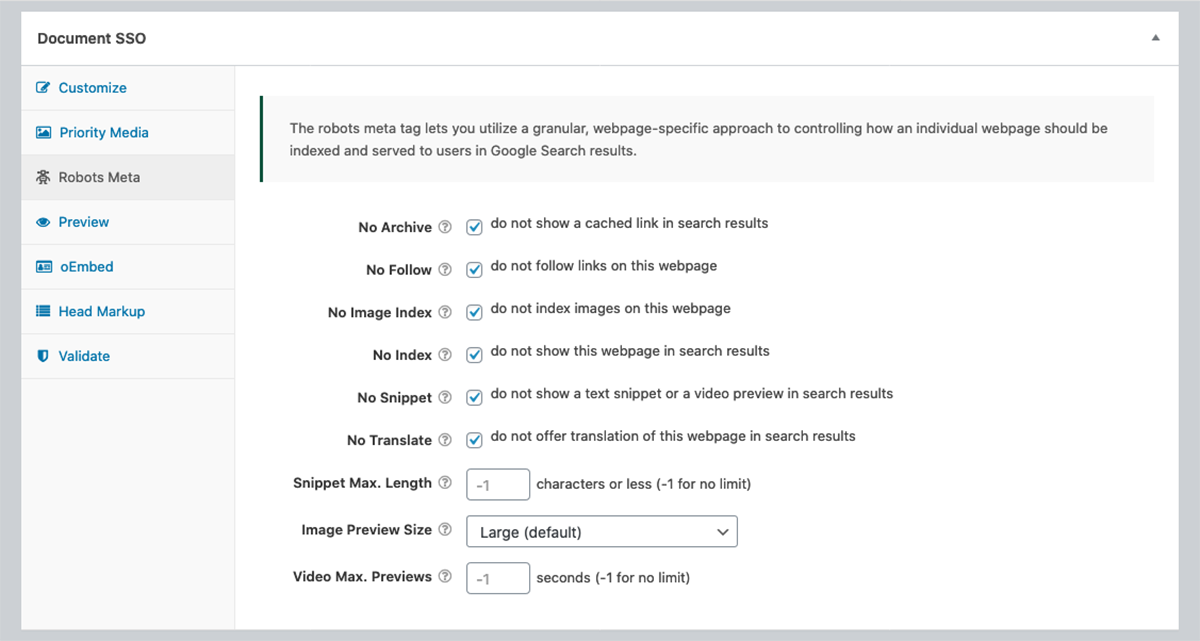 An example WPSSO Document SSO metabox Robots Meta tab.